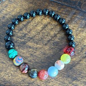 Colorful Chakra Energy Bead Bracelet, Stretch Design, Black Gloss & Gemstones